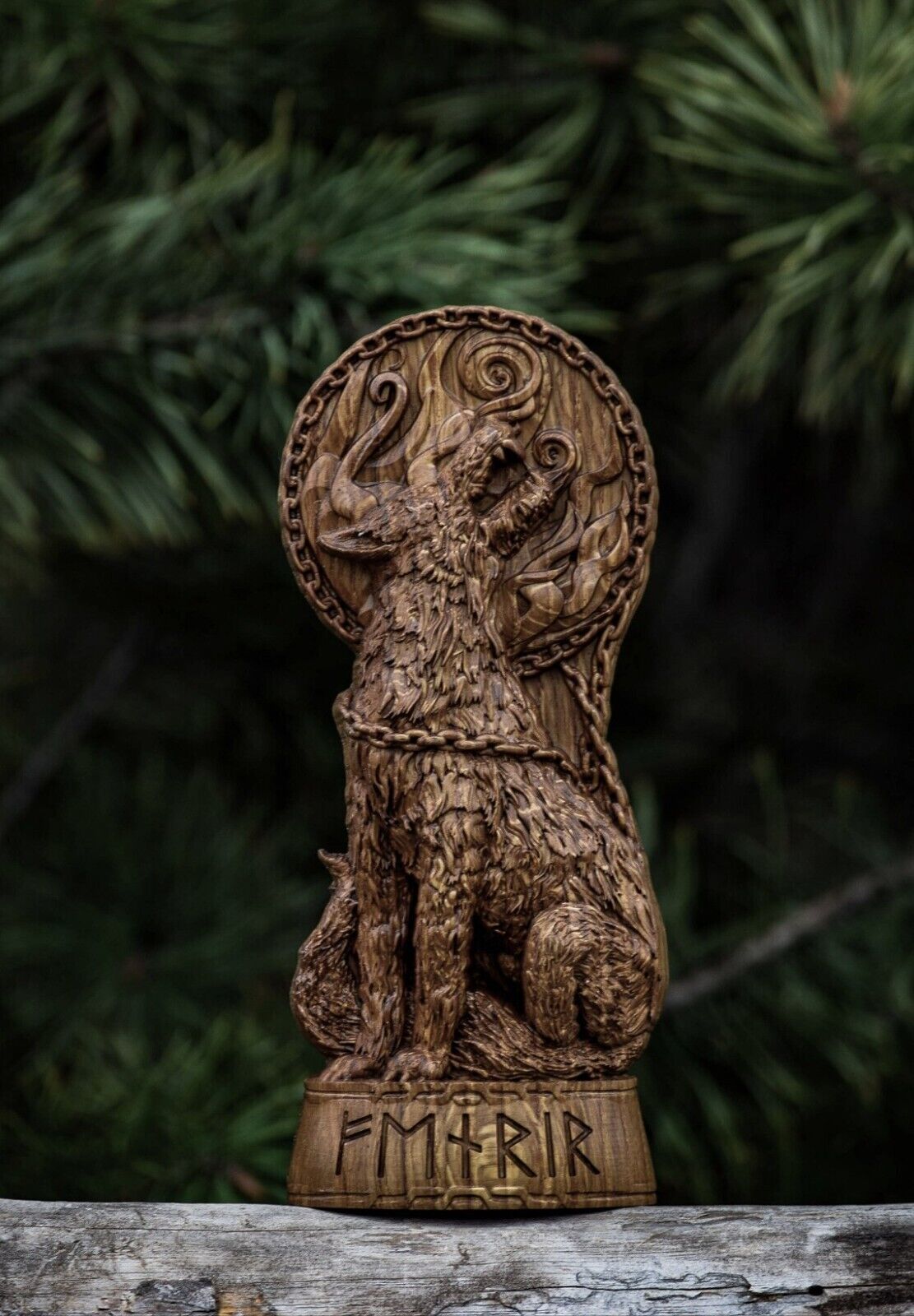 Fenrir Wolf Wooden altar statue Viking Nordic Pagan Decor Wood Figurine Gift New