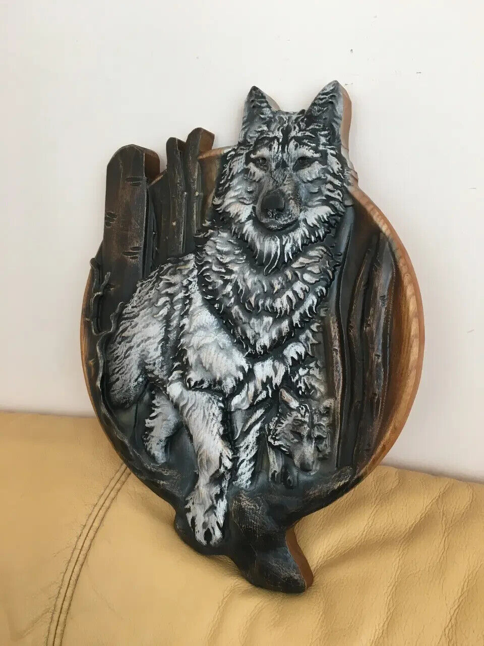 Wolf Large Wood Carving Picture 3D Handmade Gift Panno Wall Decor