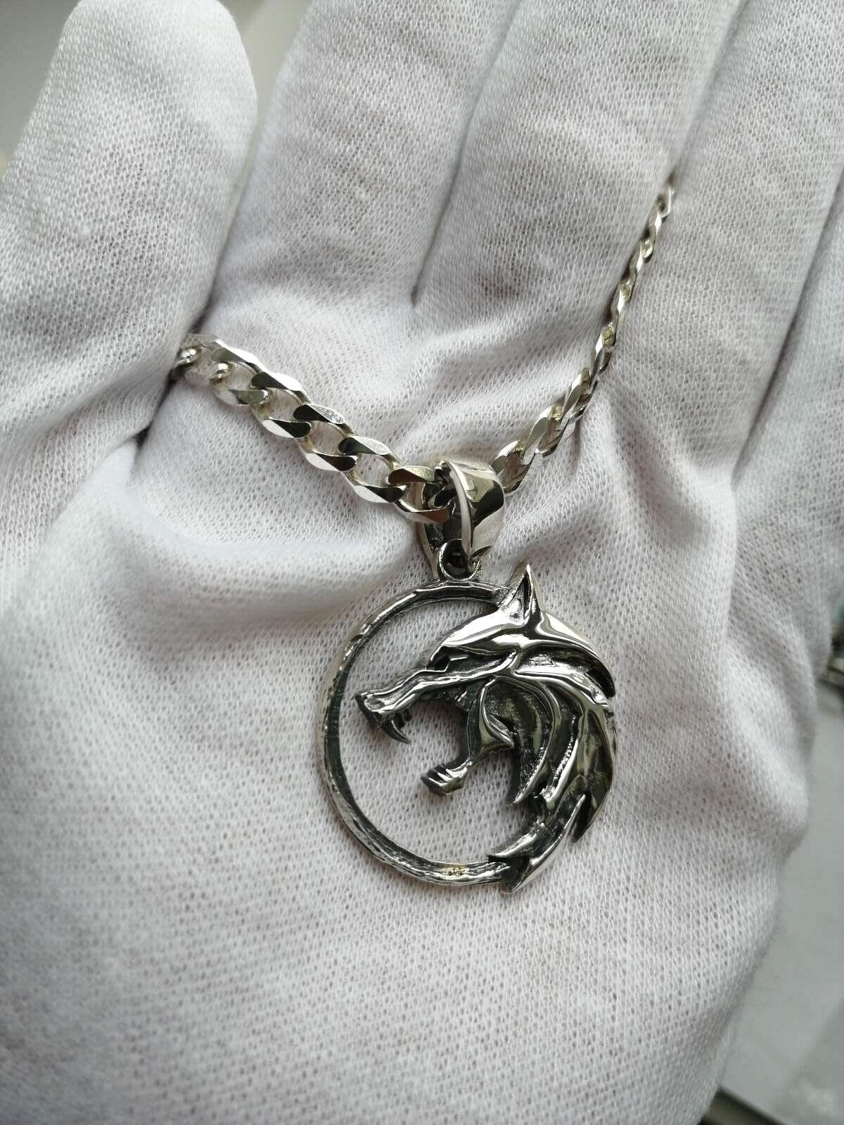 9 gr Men's Witcher White Wolf Animal Medallion Necklace Pendant Silver 925 New