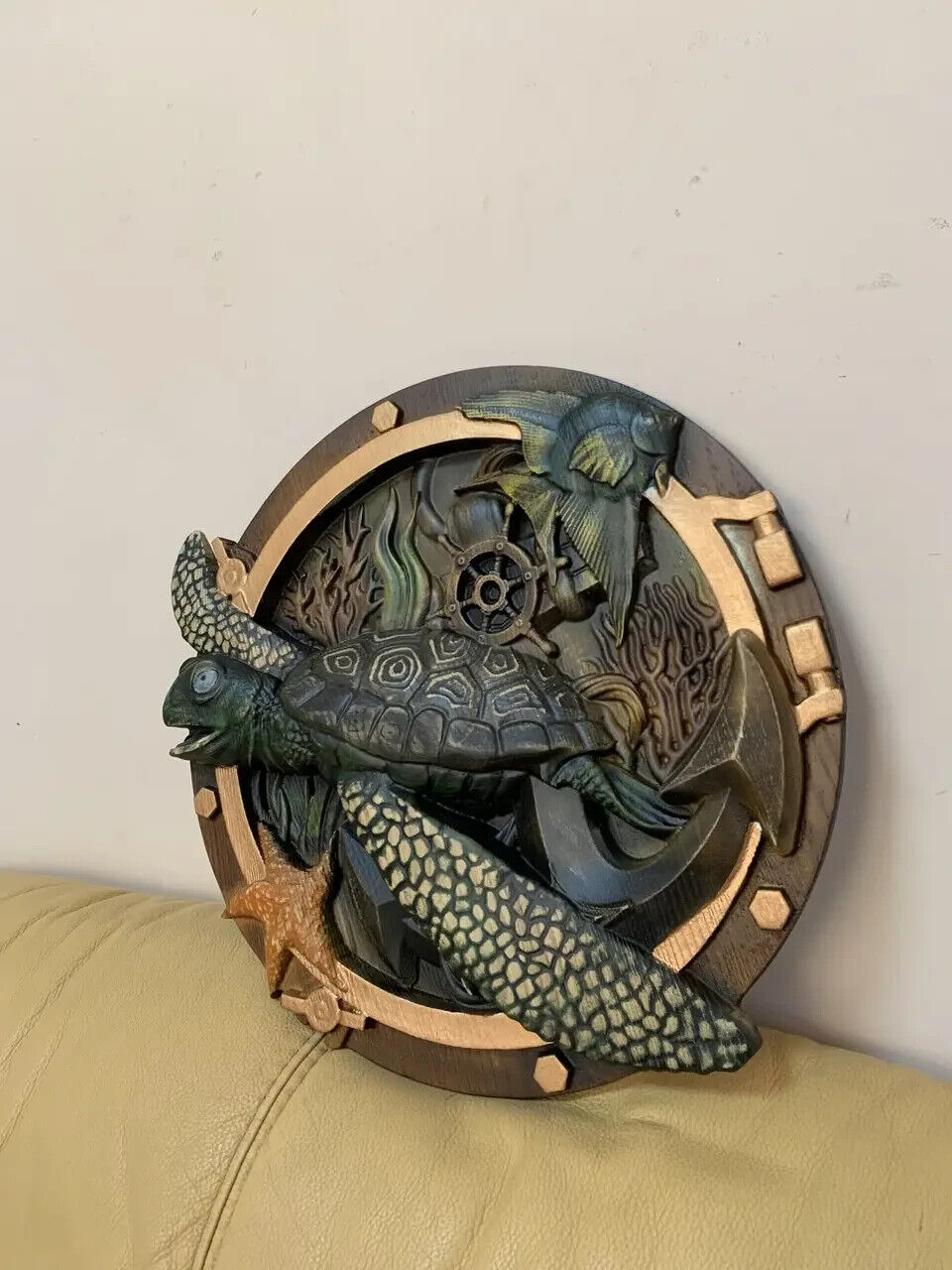 Turtle Large Wood Carving Picture Sea 3D Handmade Gift Panno Wall Decor