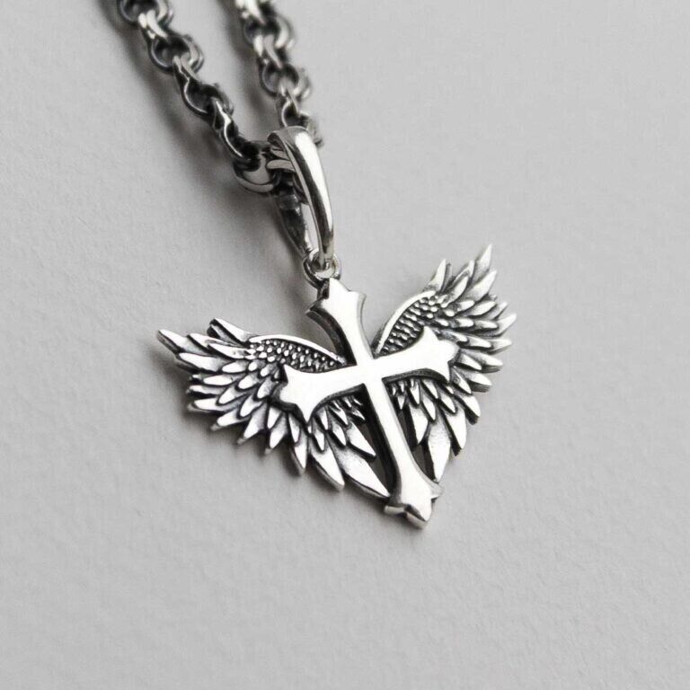 Silver 925 Pendant Cross with Wings Angel Jewelry Necklace