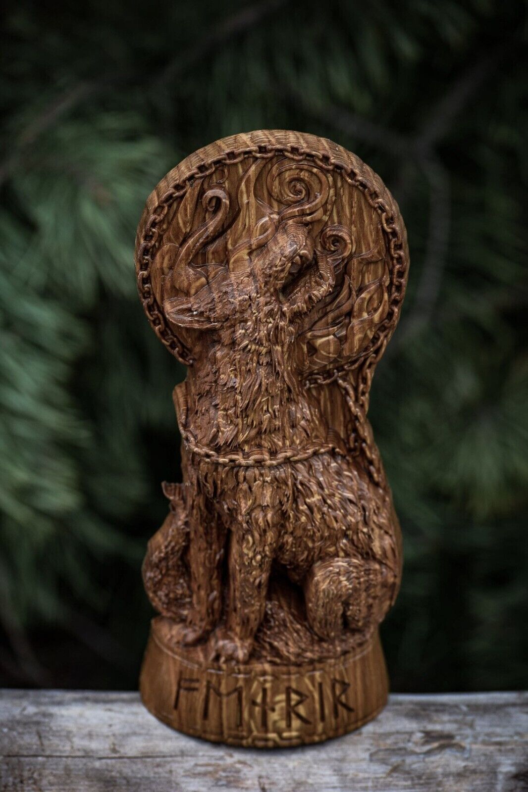 Fenrir Wolf Wooden altar statue Viking Nordic Pagan Decor Wood Figurine Gift New