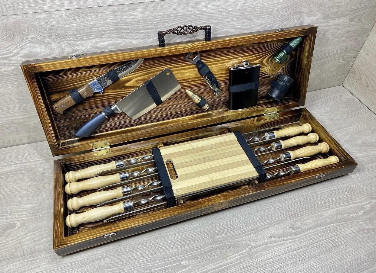 Exclusive Handmade Camping set skewers Tool BBQ Grill with wood case NEW GIFT