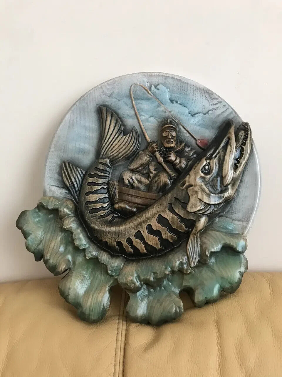 Fishing Fish Pike Large Wood Carving Picture 3D Handmade Gift Panno Wall Decor