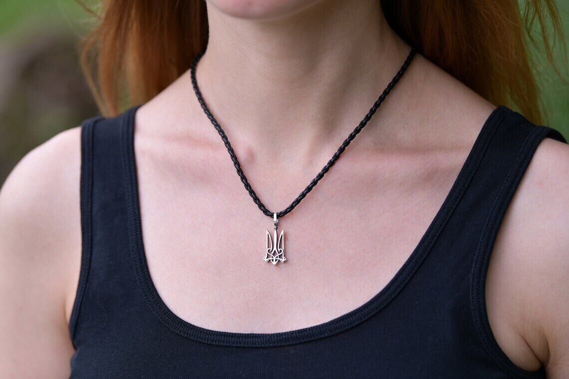 Women Tryzub Silver Pendant Ukrainian Trident Necklace Sterling Cord Silver 925