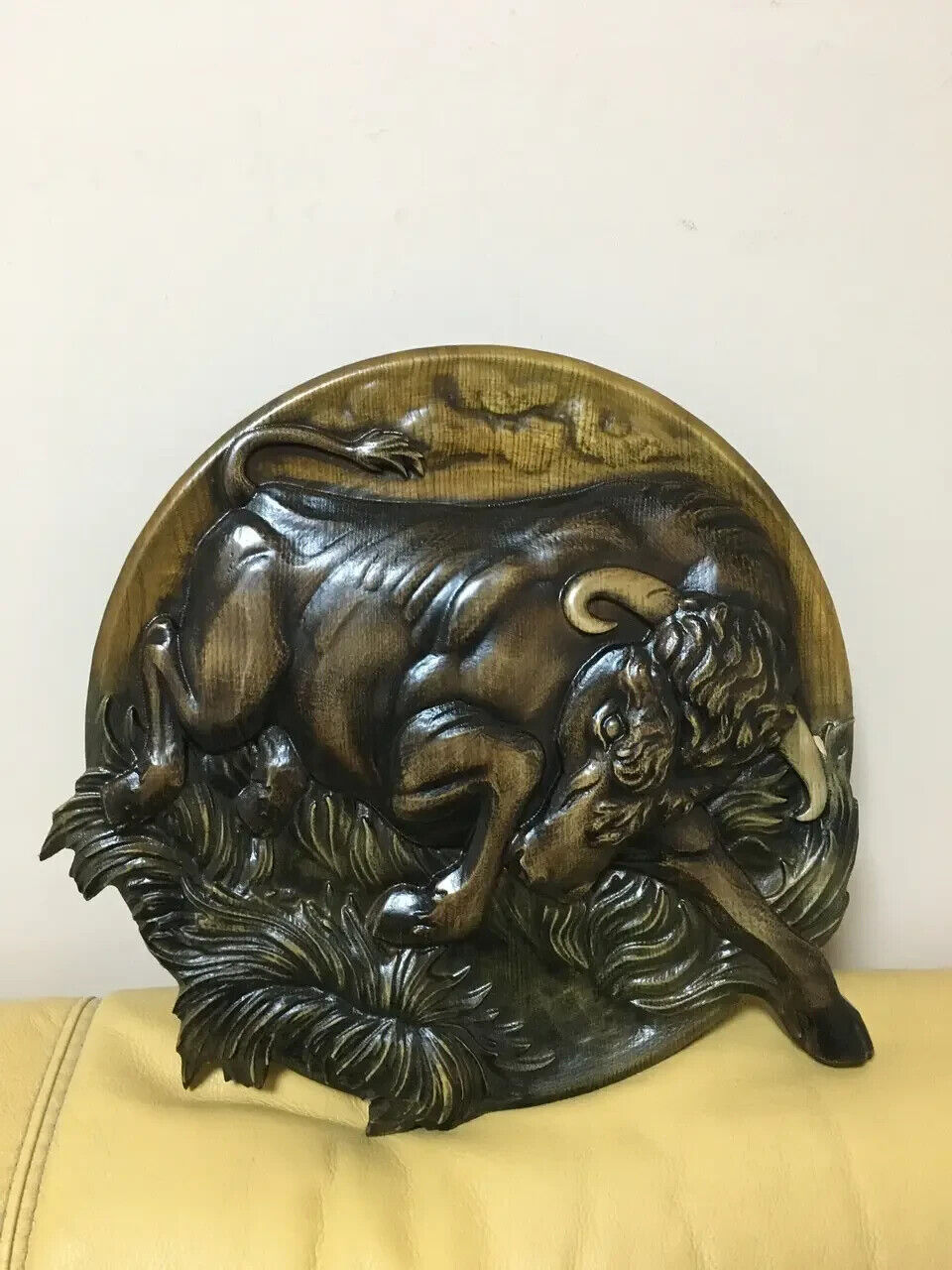 Bull Large Wood Carving Picture 3D Handmade Gift Panno Wall Decor