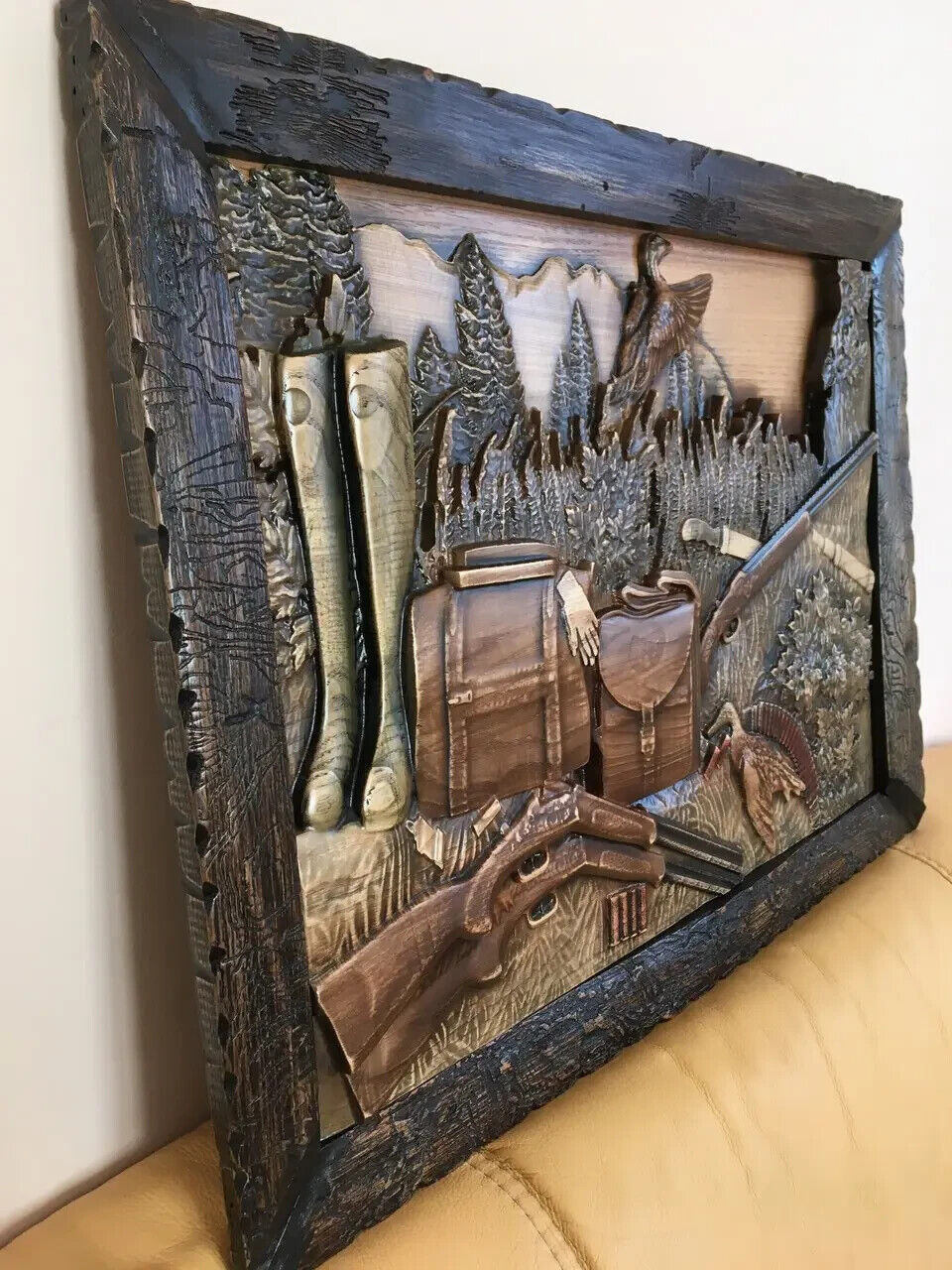 Duck Hunting Large Wood Carving Picture Gun 3D Handmade Gift Panno Wall Decor