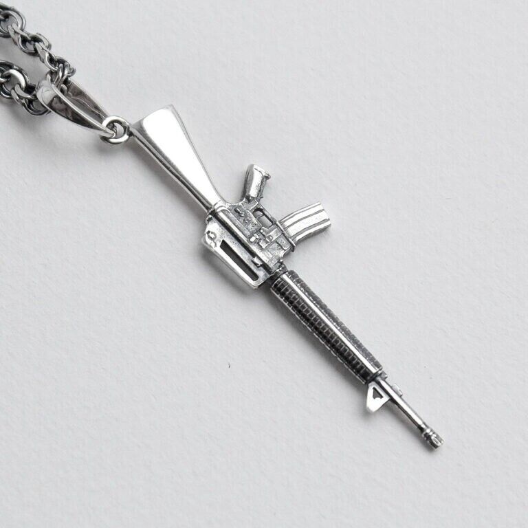 Machine Gun M16 Silver 925 Pendant Necklace Military Excellent Charm
