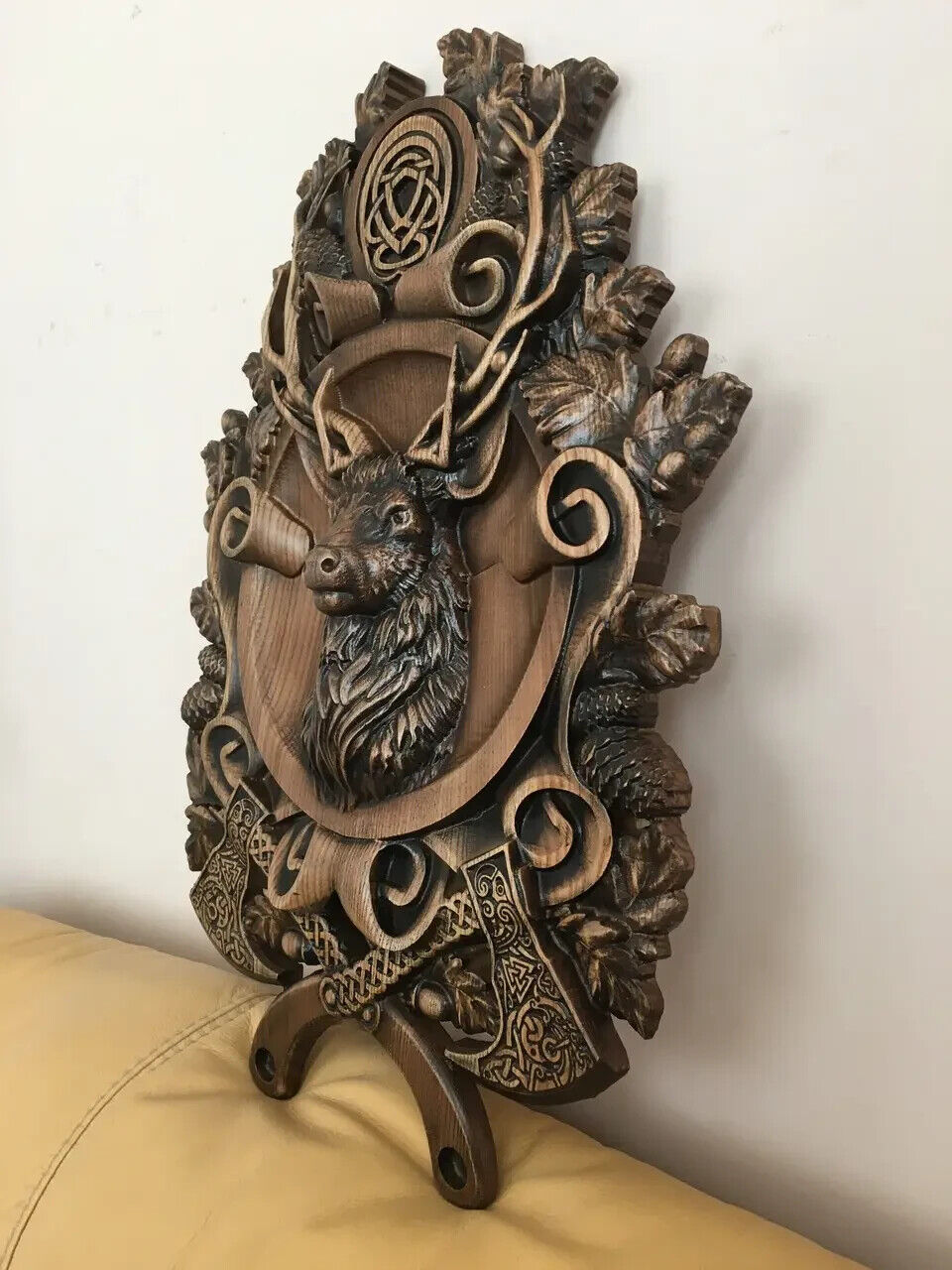 Deer Hunting Large Wood Carving Picture Gun 3D Art Work Gift Panno Wall Decor