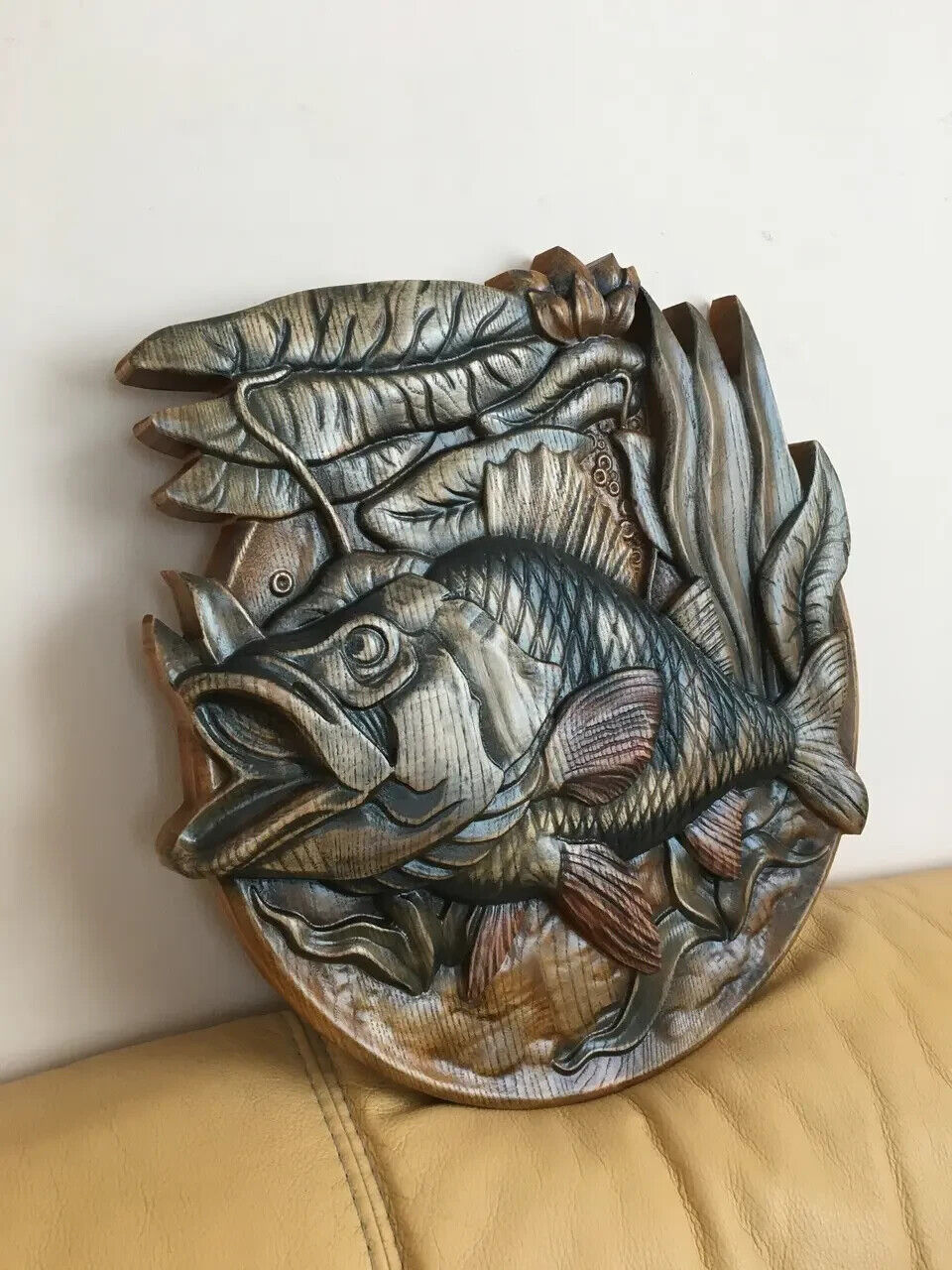Fish Perch Fishing Large Wood Carving Picture 3D Handmade Gift Panno Wall Decor