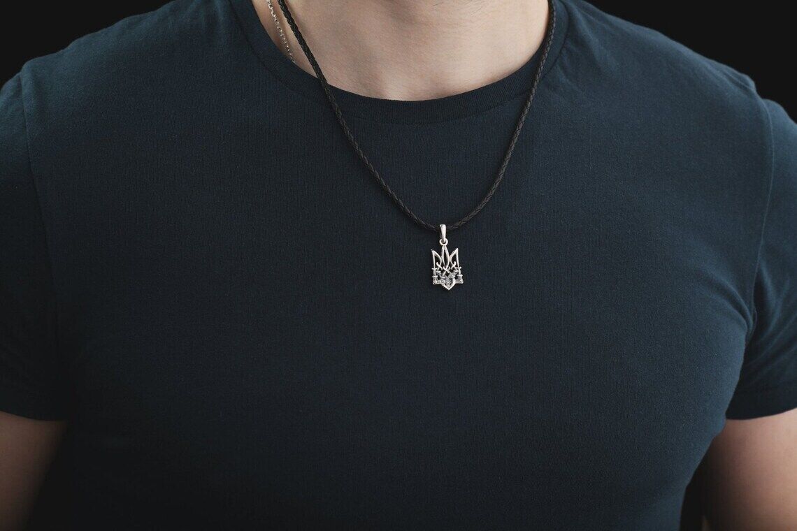 Men Tryzub Silver Pendant Ukrainian Trident Necklace Sterling UA Cord Silver 925