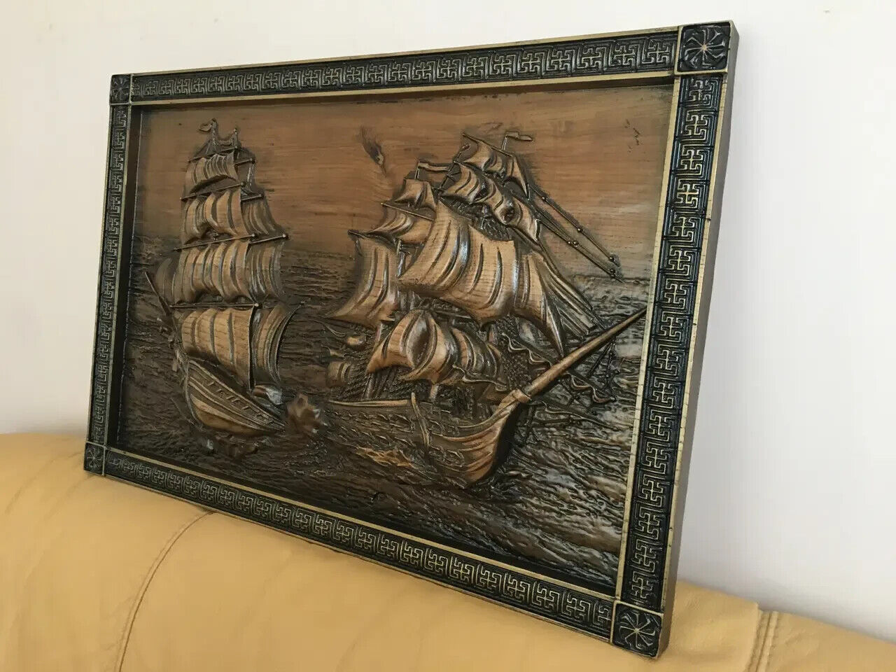 Frigate Ships Large Wood Carving Picture Sea 3D Handmade Gift Panno Wall Decor