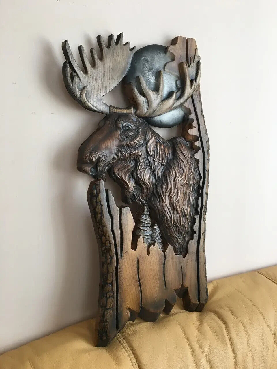 Elk Hunting Large Wood Carving Picture 3D Art Work Handmad Gift Panno Wall Decor