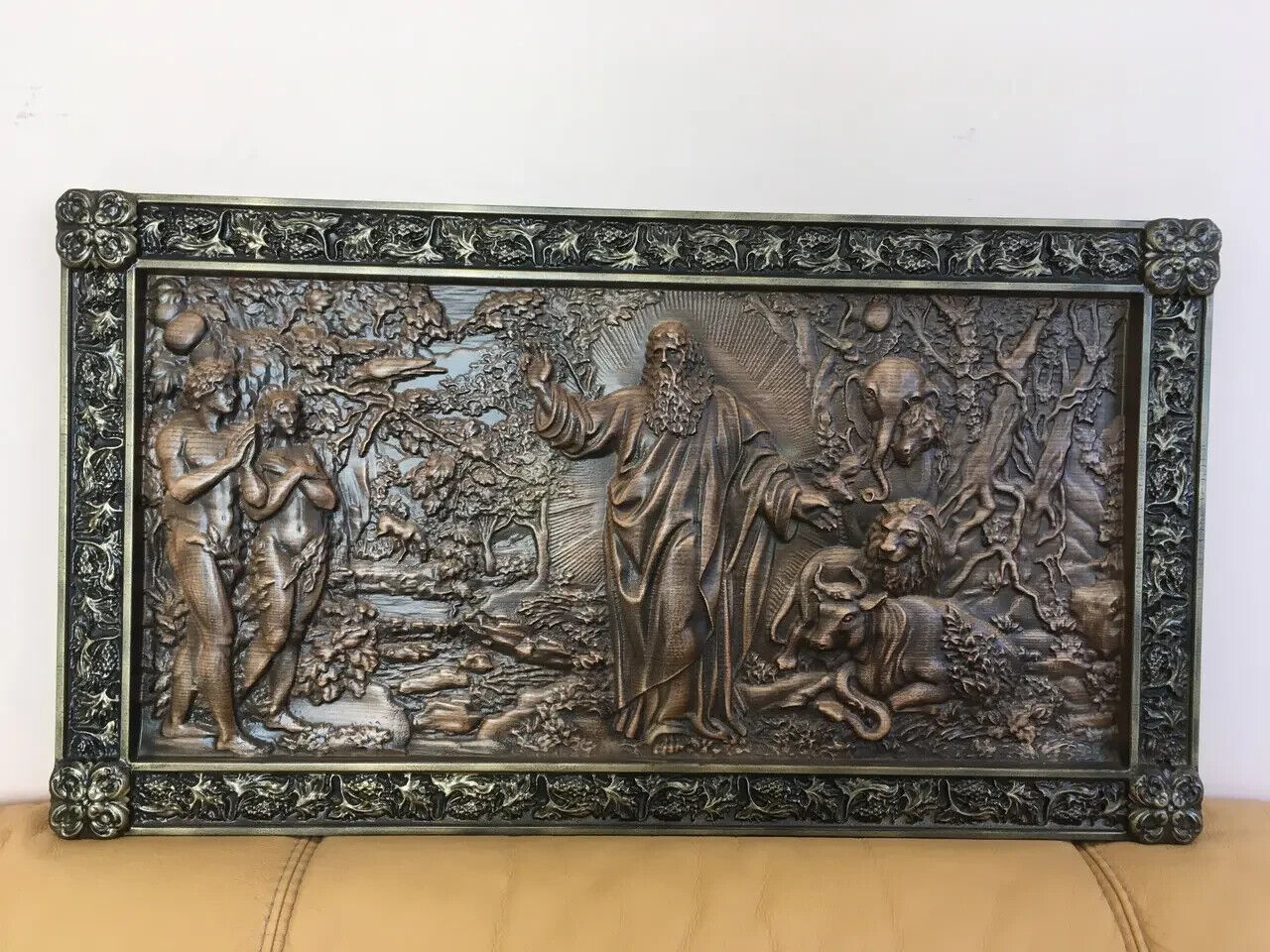 Orthodox God Adam Eve Wood Carving Picture 3D Handmade Gift Panno Wall Decor