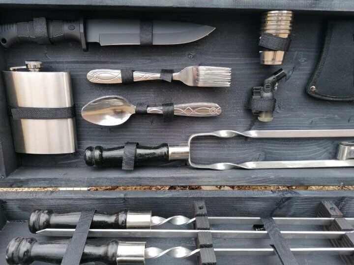 Exclusive Handmade Camping set skewers Grill Tool BBQ with wood case NEW GIFT