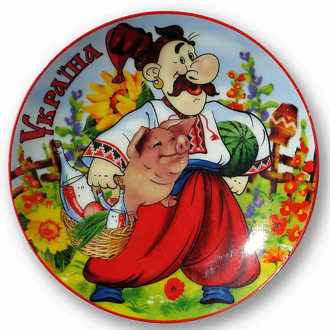 Decorative Plate а Kozak with a piglet Hand-painted Symbol Kazak Ukraine