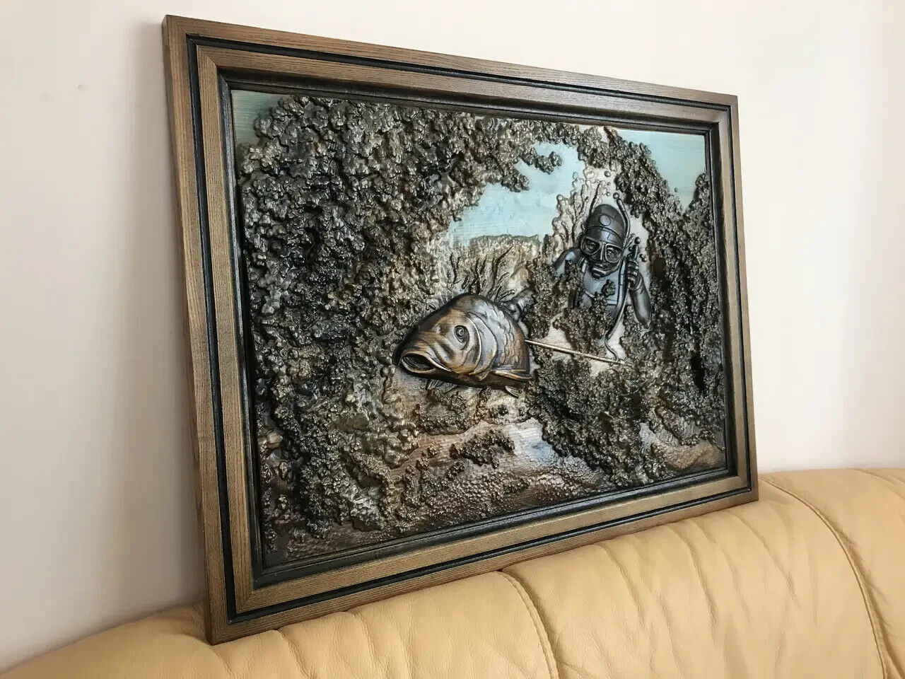 Underwater Fishing Large Wood Carving Picture 3D Art Work Gift Panno Wall Decor