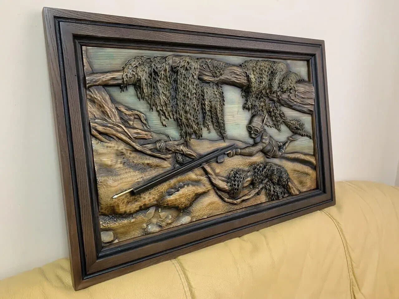 Underwater Fishing Large Wood Carving Picture 3D Art Work Gift Panno Wall Decor