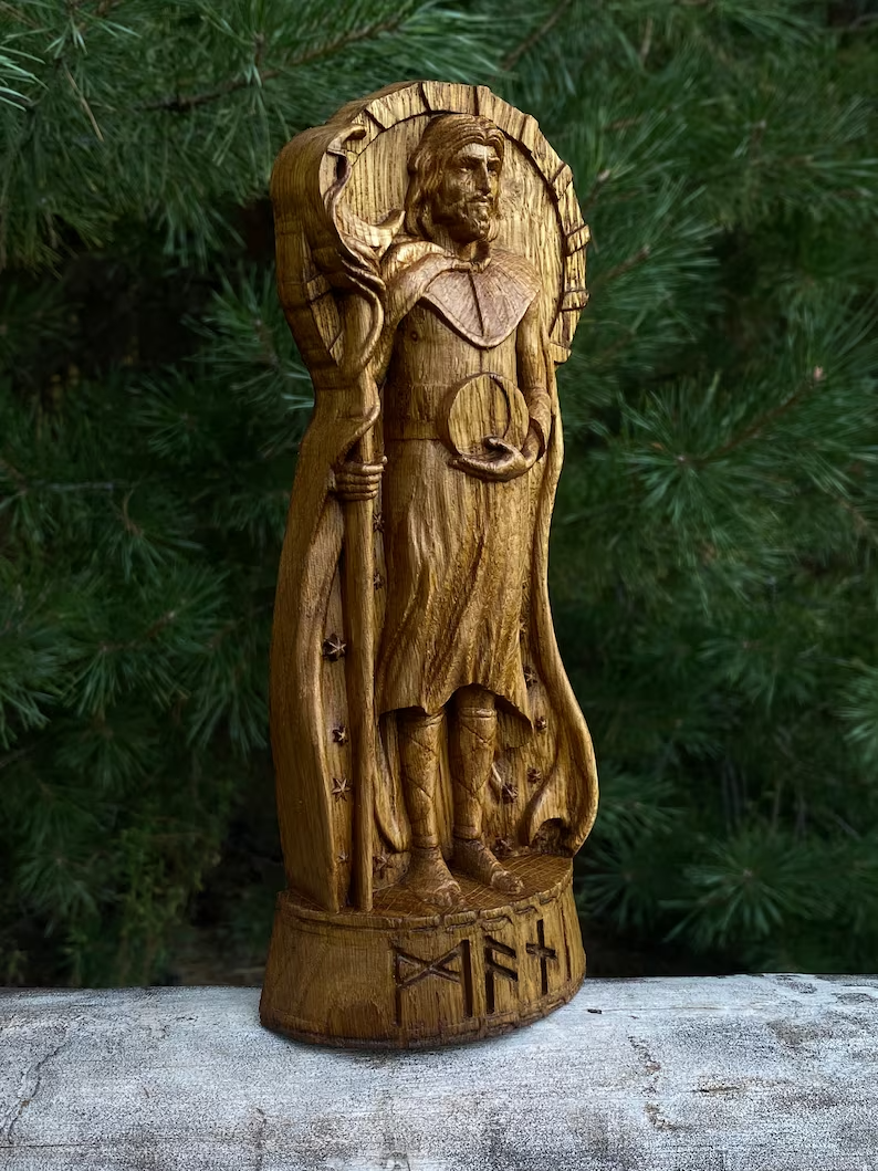 Mani God viking Wood carved statue Pagan paganism Altar sculpture pantheon Gift