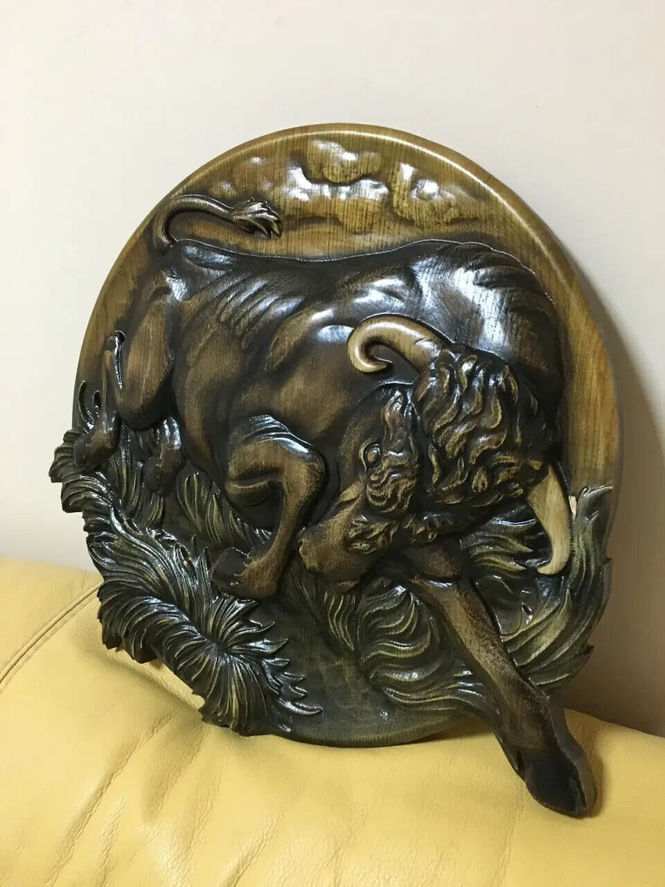 Bull Large Wood Carving Picture 3D Handmade Gift Panno Wall Decor