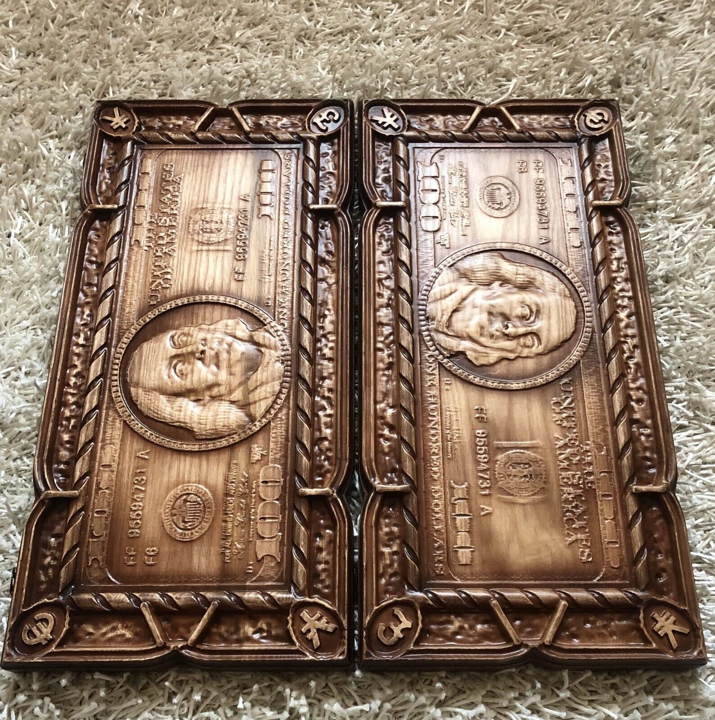 Artwork Backgammon "100 Dollars Benjamin Franklin" – Handcrafted Wooden Backgammon Set (58x28cm / 22.8x11 inches)