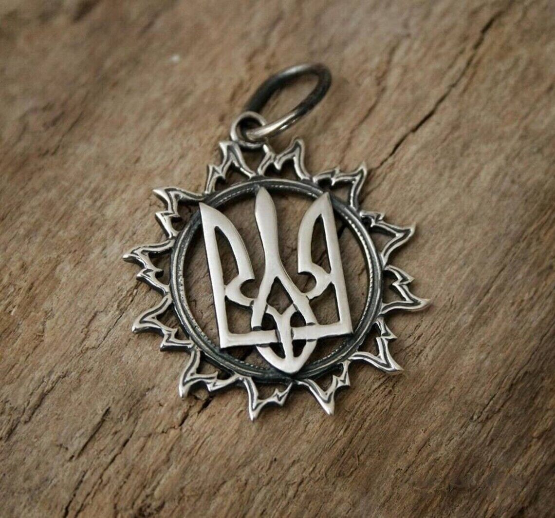 Men Tryzub Silver Pendant Ukrainian Trident Necklace Sterling UA Cord Silver 925