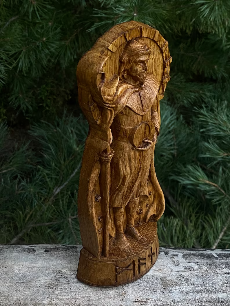 Mani God viking Wood carved statue Pagan paganism Altar sculpture pantheon Gift