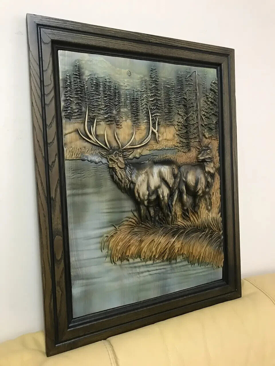 29" Deer Hunting Large Wood Carving Picture Gun 3D ArtWork Gift Panno Wall Decor