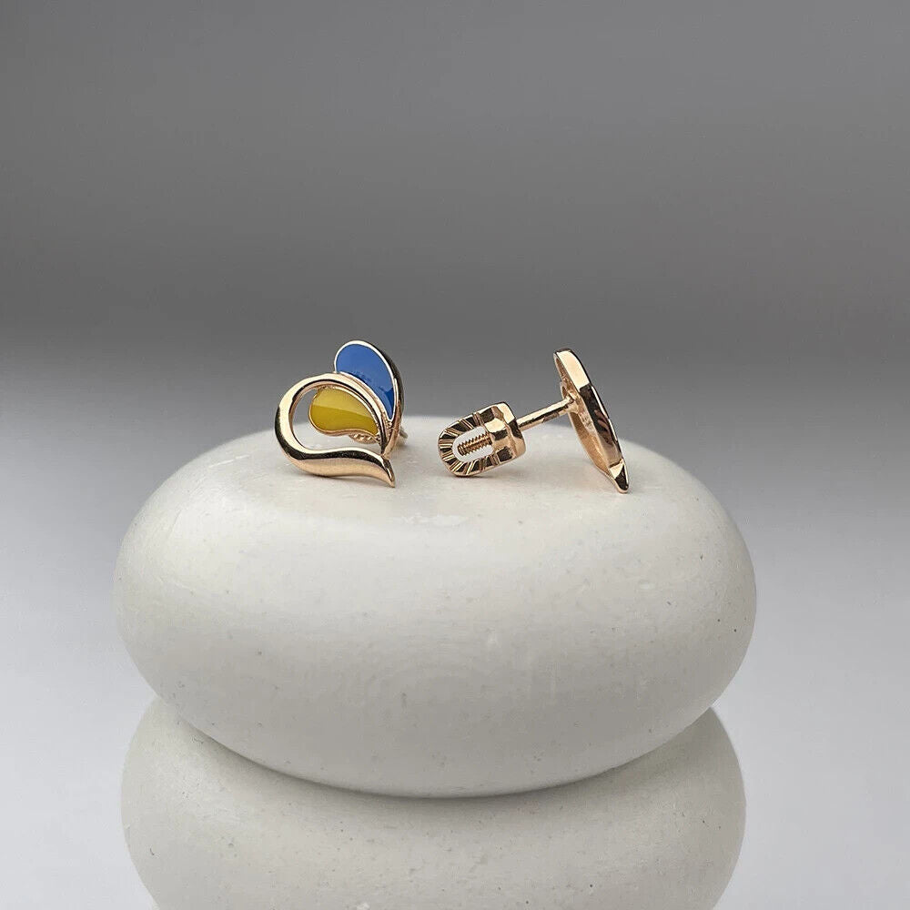 Women Earrings Ukrainian Flag Ukraine Heart Jewelry Charm Gift 14k gold (585)
