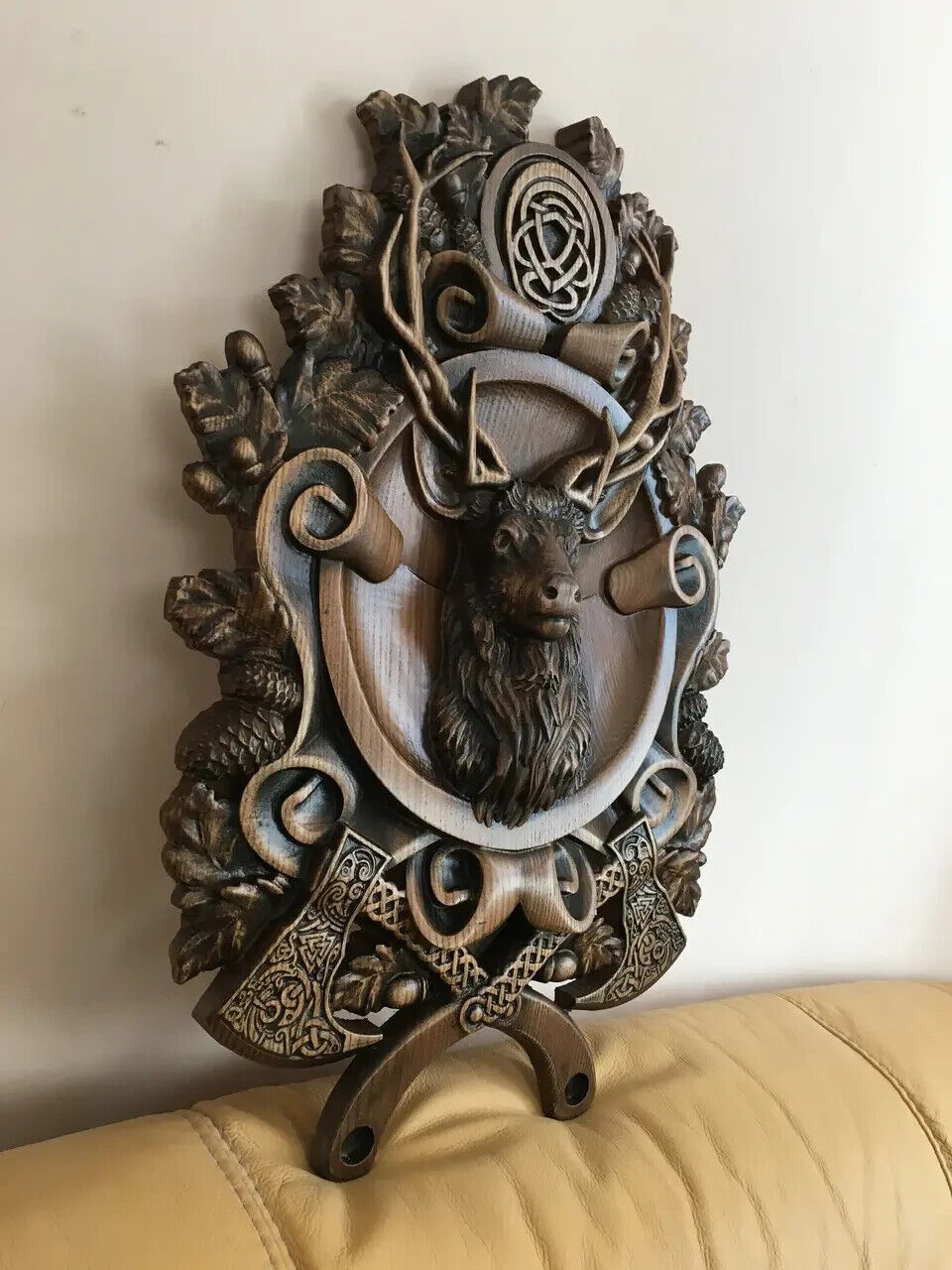 Deer Hunting Large Wood Carving Picture Gun 3D Art Work Gift Panno Wall Decor