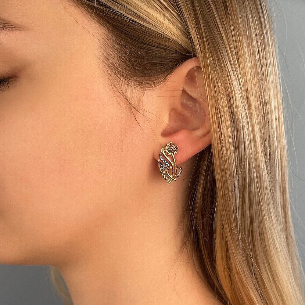 New Earrings Top Flowers Heart Beauty Sunflower Ukrainian Jewelry 14k gold (585)