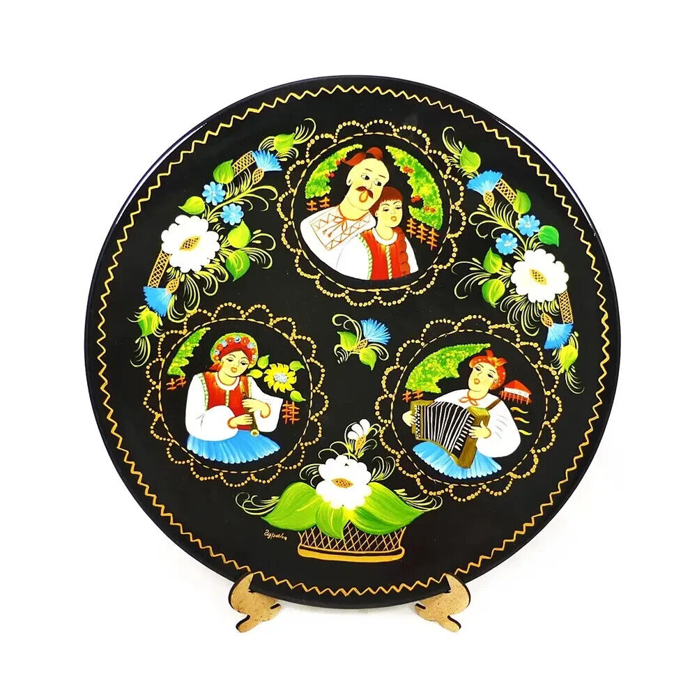 Decorative Plate Petrikovskaya painting Hand-painted Ukraine Cossack Wood