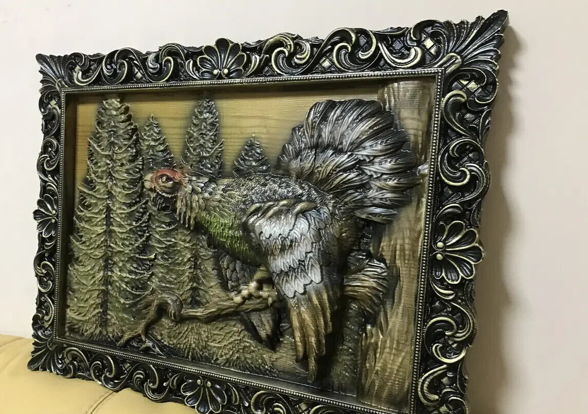 23" Capercaillie Bird Wood Carving Picture 3D Handmade Gift Panno Wall Decor