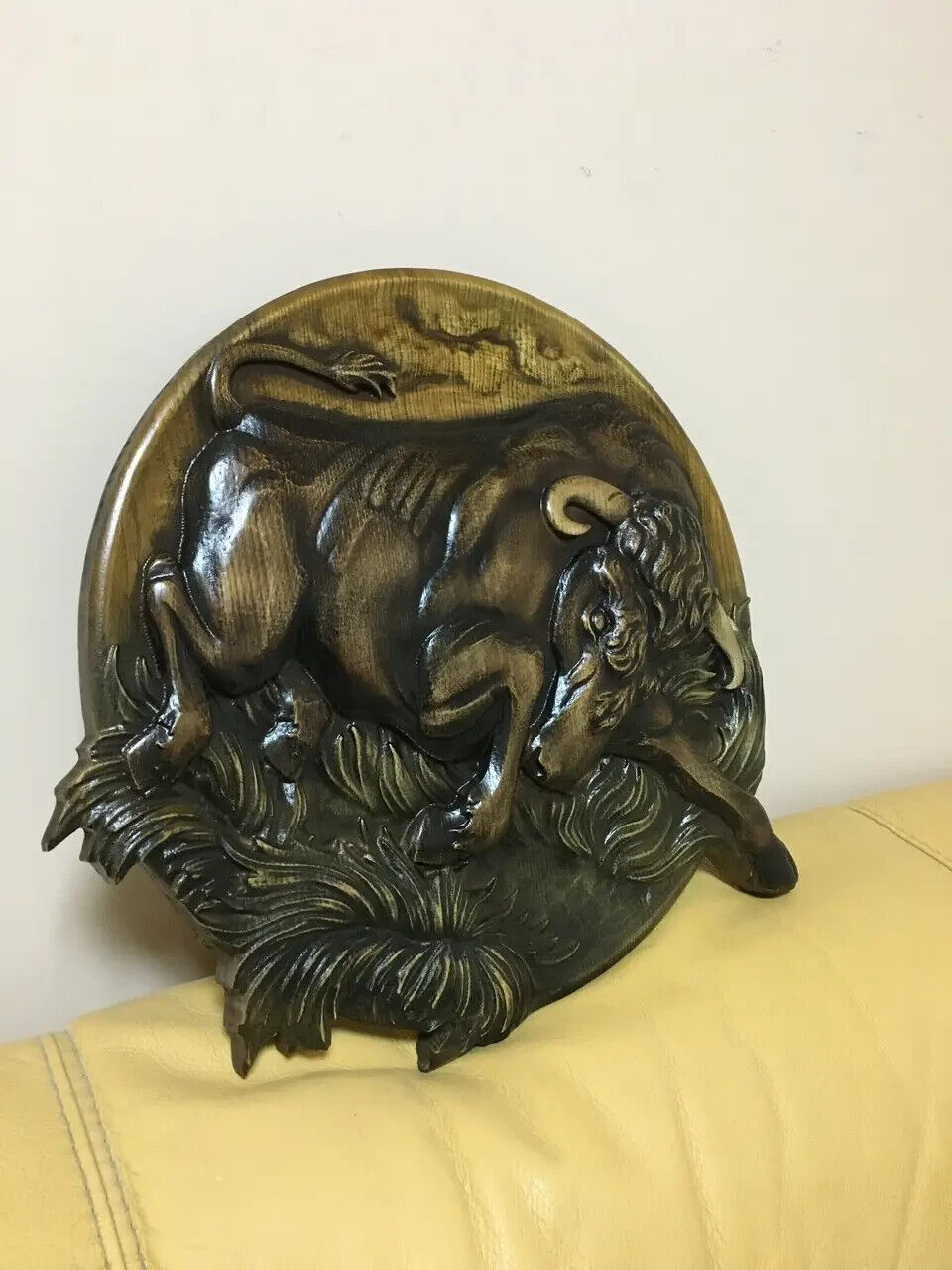 Bull Large Wood Carving Picture 3D Handmade Gift Panno Wall Decor