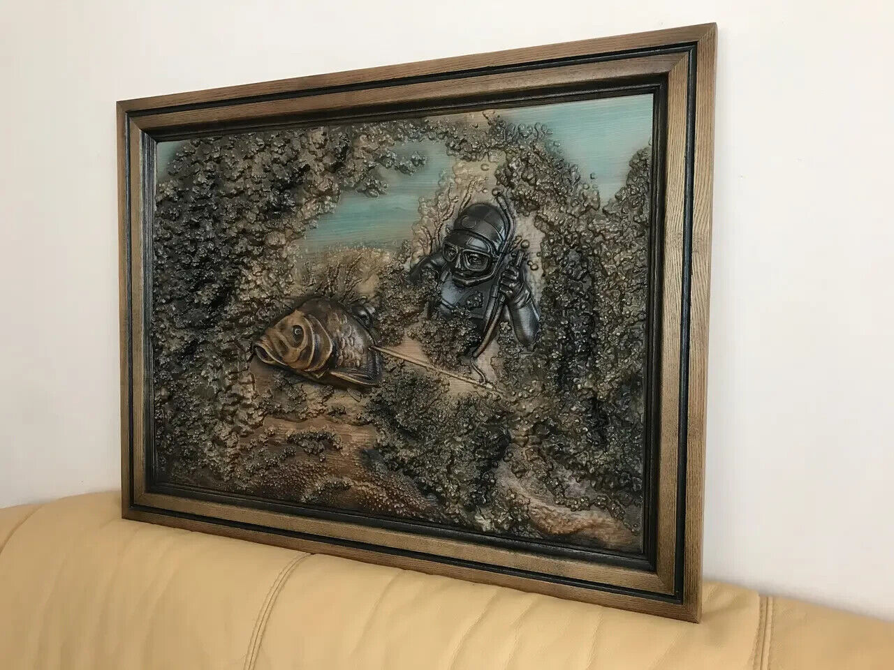 Underwater Fishing Large Wood Carving Picture 3D Art Work Gift Panno Wall Decor
