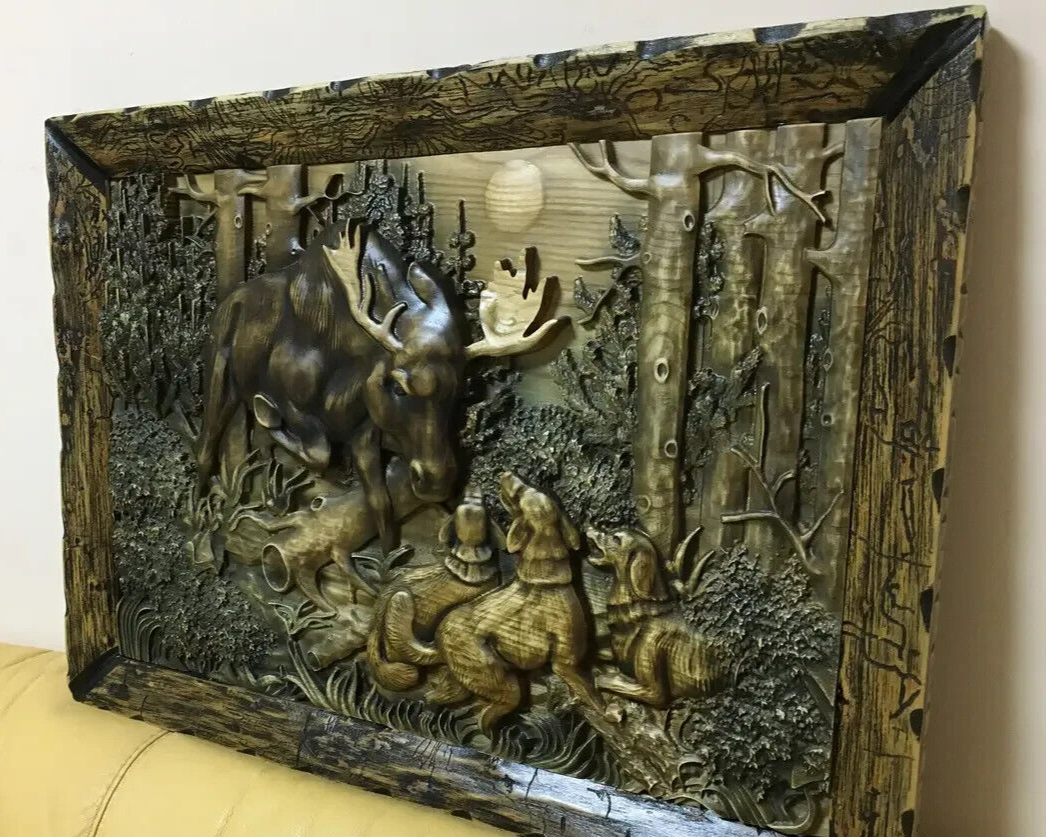 Elk Hunting Large Wood Carving Picture 3D Art Work Handmad Gift Panno Wall Decor