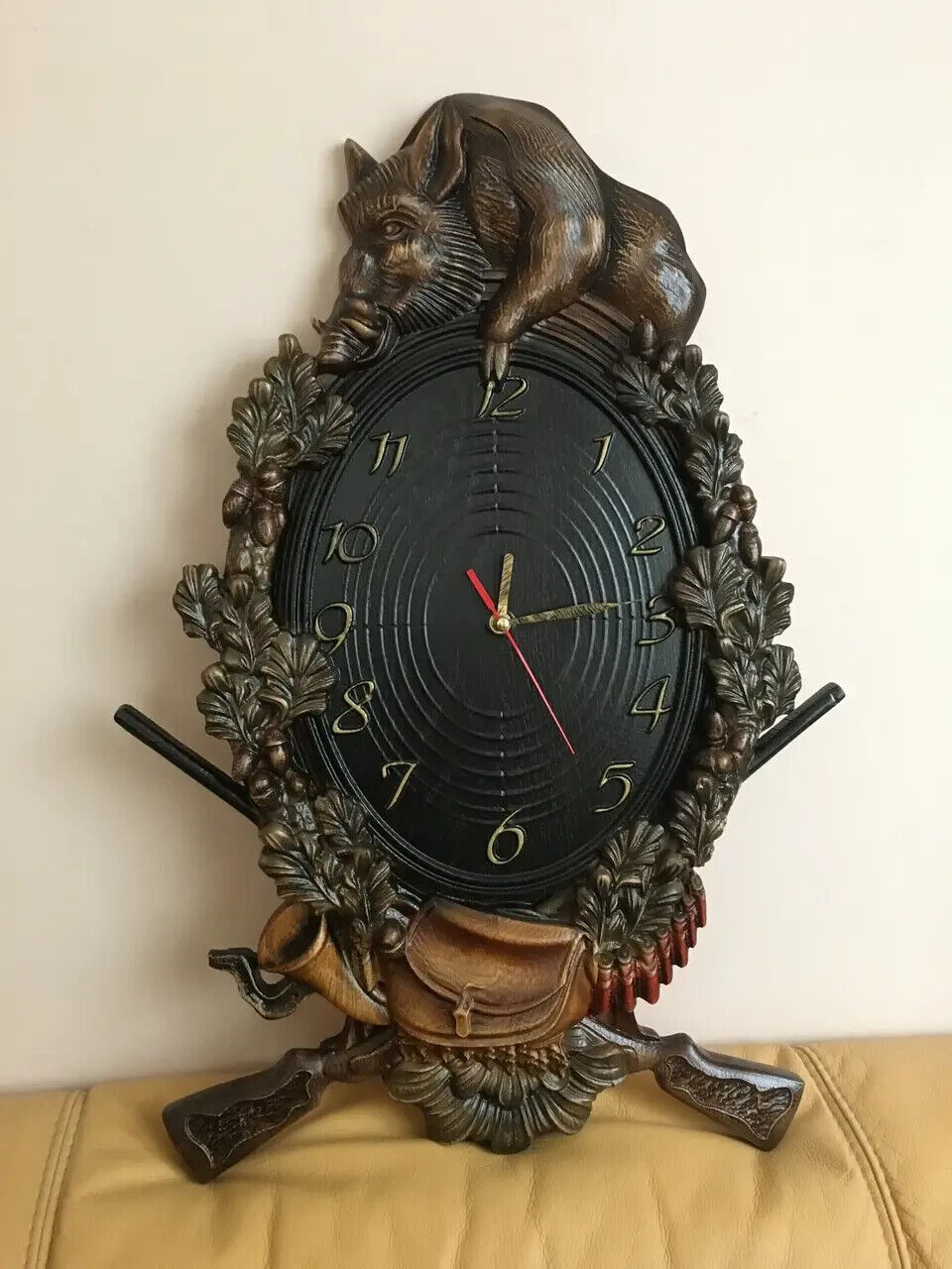 Boar Hunting Clock Wood Carving Picture Gun 3D Art Work Gift Panno Wall Decor
