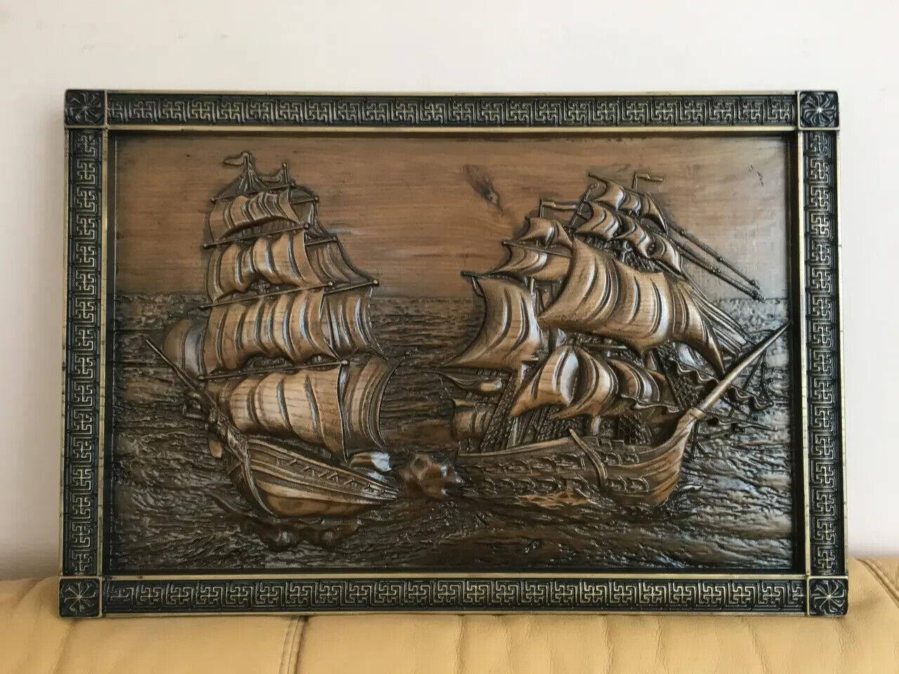 Frigate Ships Large Wood Carving Picture Sea 3D Handmade Gift Panno Wall Decor
