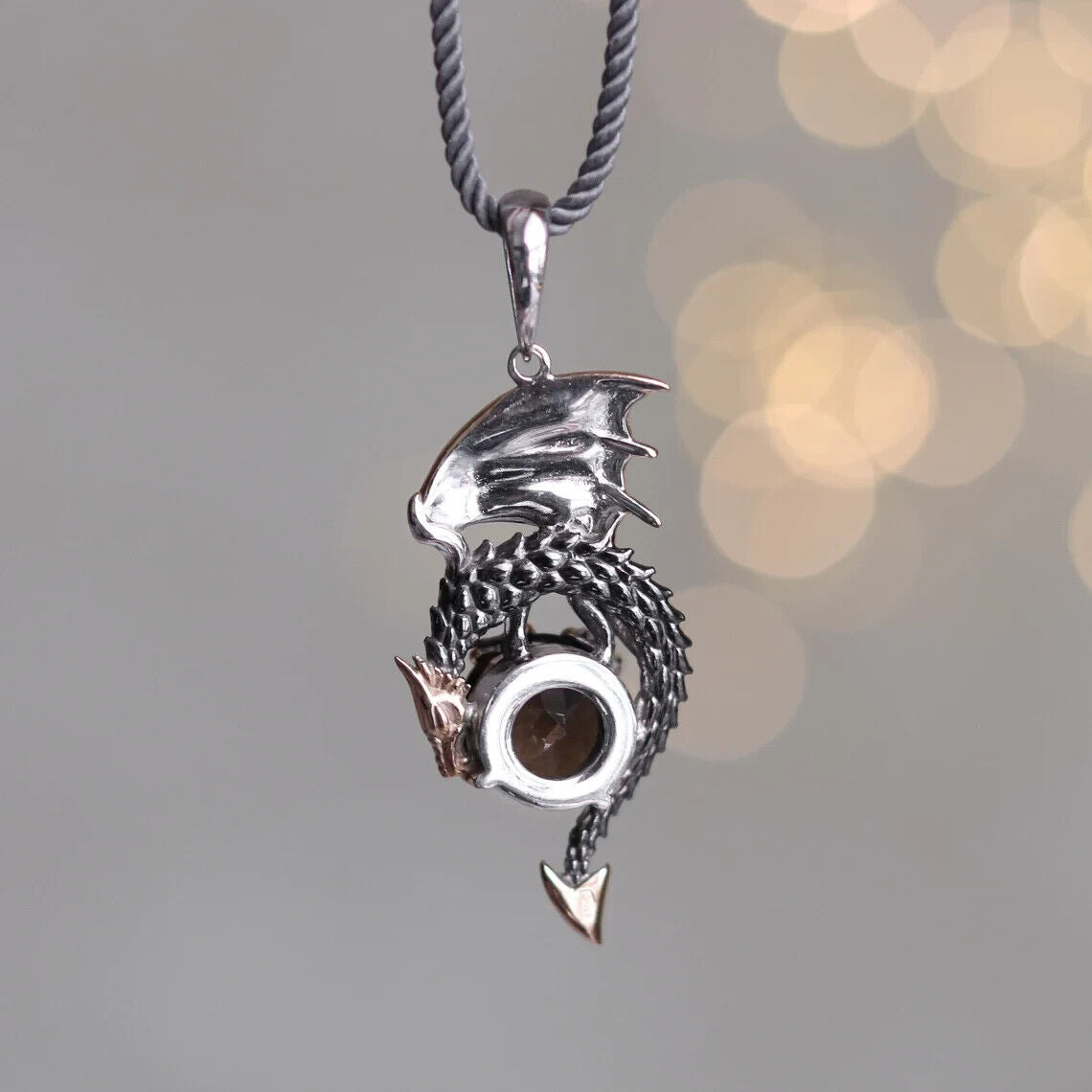 Dragon Smoky Quartz Fantasy Necklace Pendant Charm Sterling Silver 925
