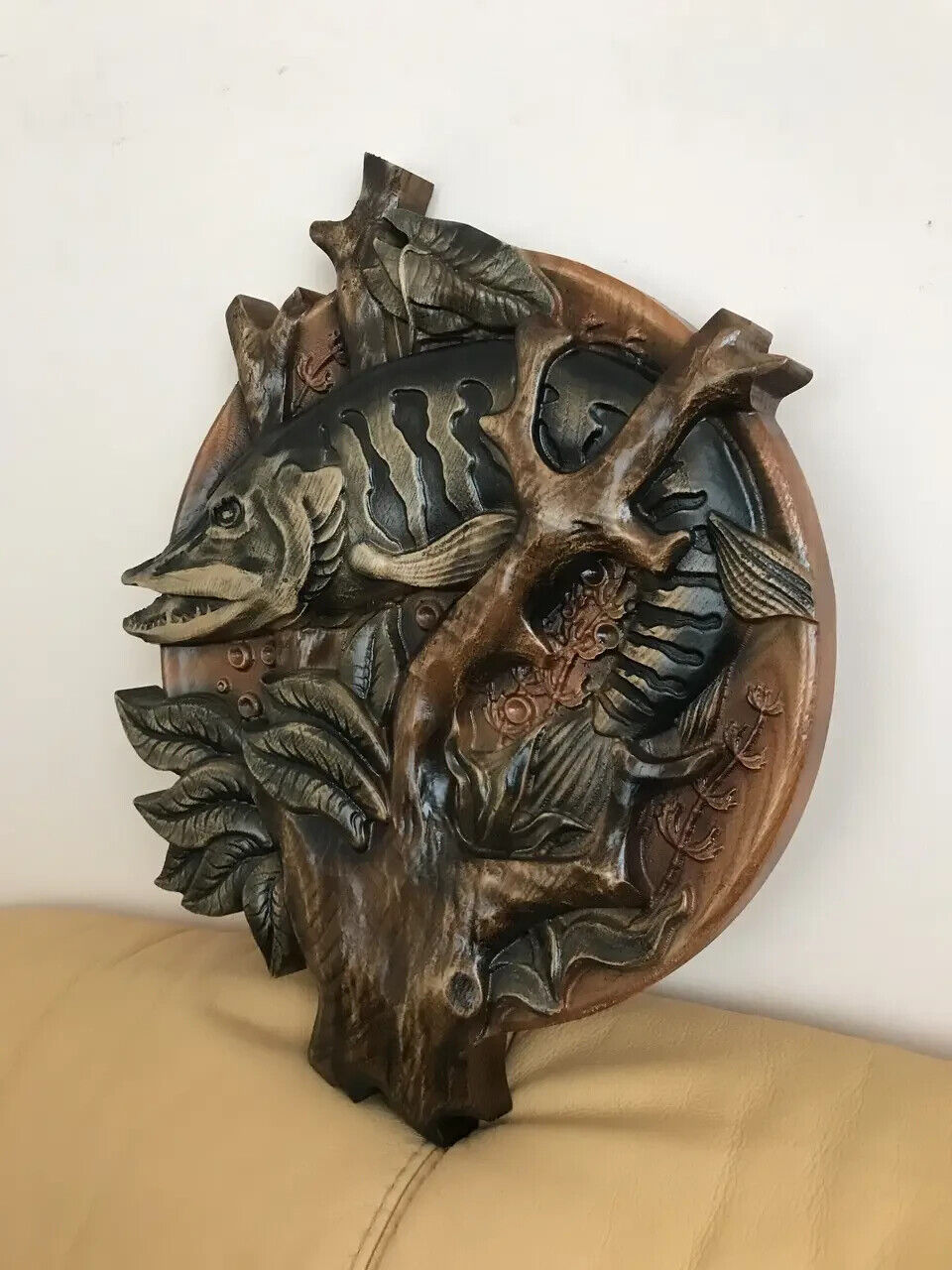 Fishing Fish Pike Large Wood Carving Picture 3D Handmade Gift Panno Wall Decor