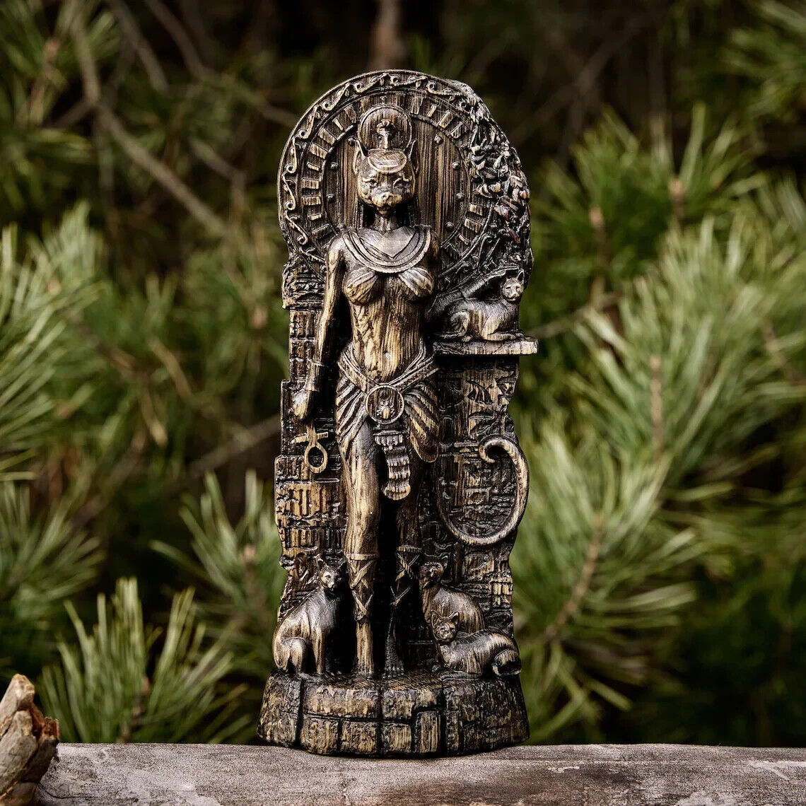 Bastet statue, Cat Goddess Egyptian gods, Wood carved altar Pagan paganism Wicca