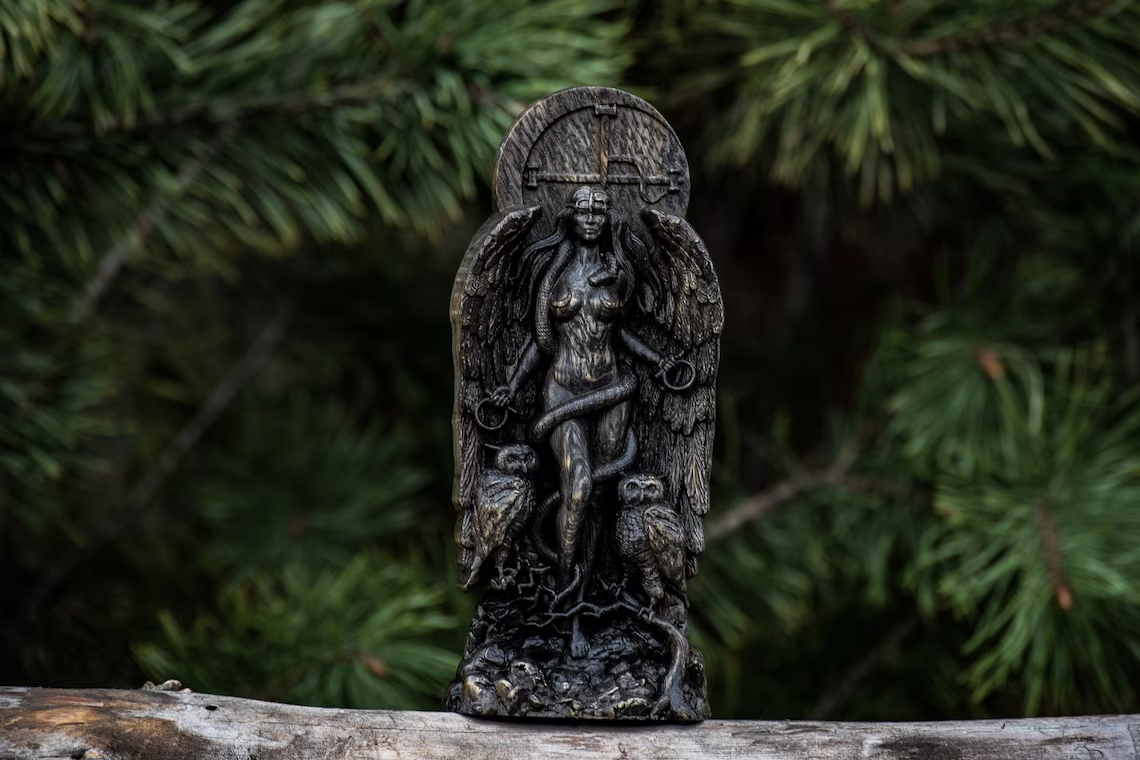 Lilith, Ishtar, Inanna Handcrafted Wooden Statue of Goddess Empowering Artwork