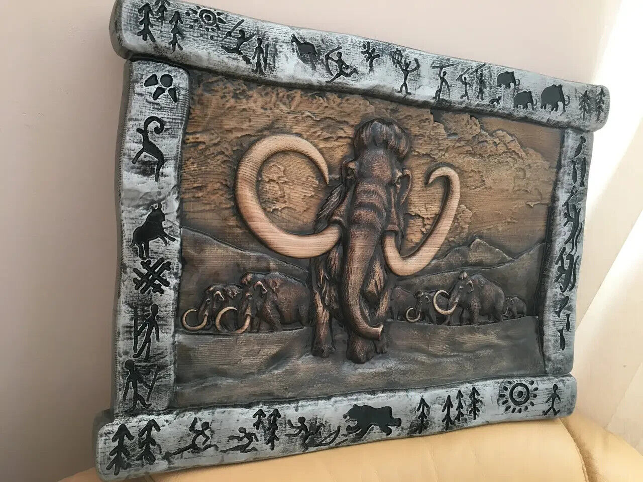 Mammoth Large Wood Carving Picture 3D Handmade Gift Panno Wall Decor