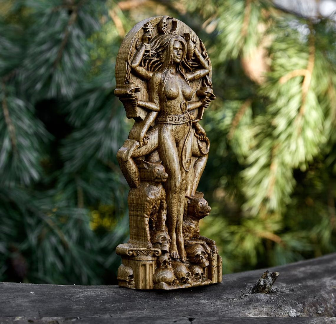 Amazing Hekate statue, Greek Goddess Wood Carved Figurine Wooden New Gift