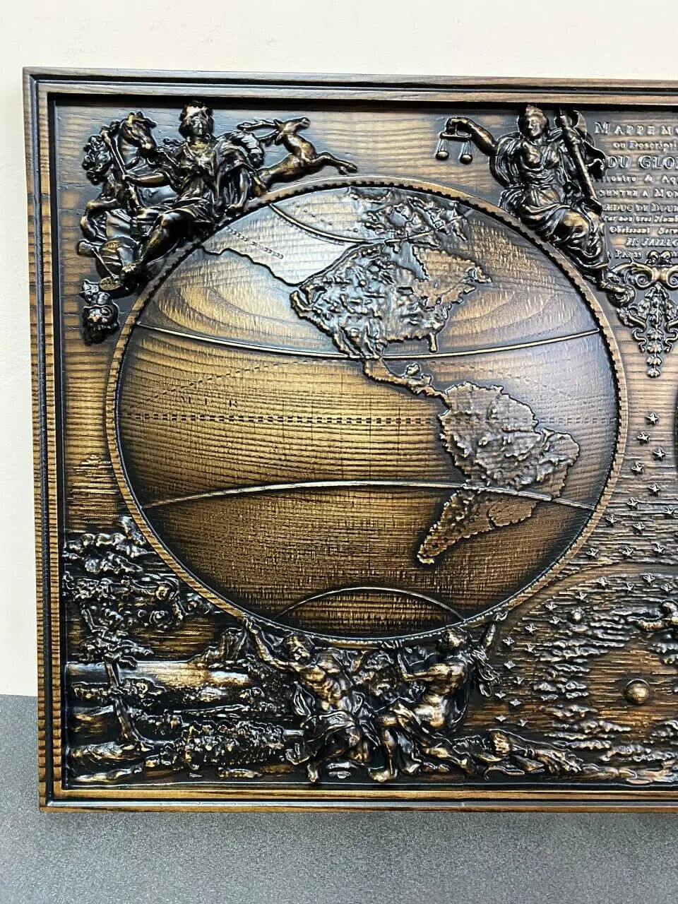 World Map Earth Large Wood Carving Picture 3D Handmade Gift Panno Wall Decor
