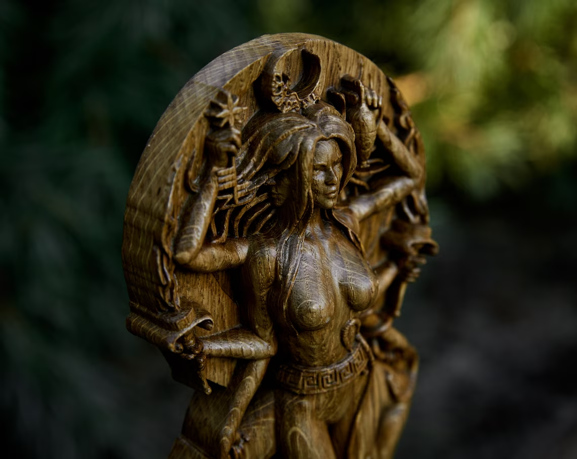 Amazing Hekate statue, Greek Goddess Wood Carved Figurine Wooden New Gift
