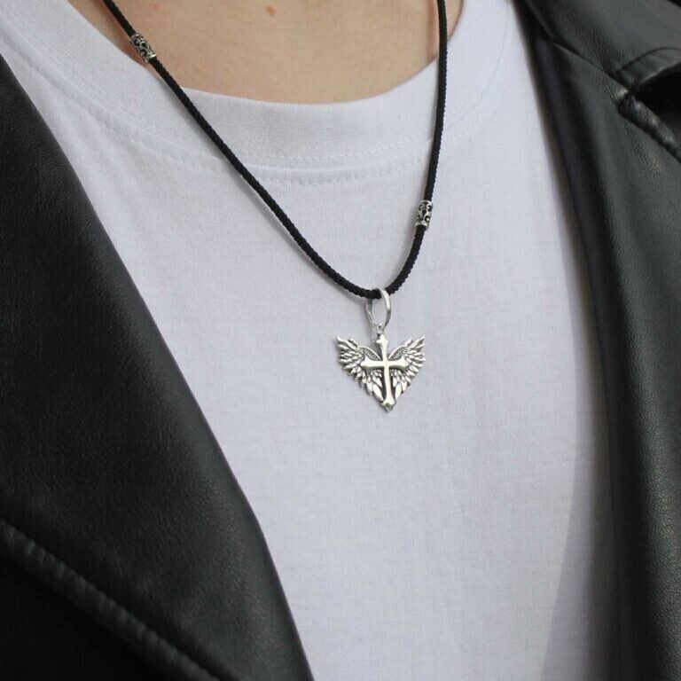 Silver 925 Pendant Cross with Wings Angel Jewelry Necklace