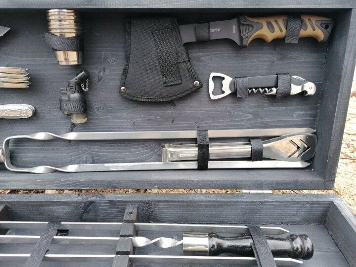 Exclusive Handmade Camping set skewers Grill Tool BBQ with wood case NEW GIFT