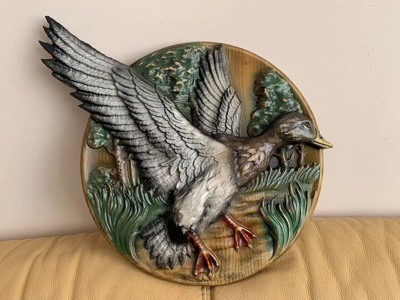 Duck Large Wood Carving Picture 3D Handmade Gift Panno Wall Decor