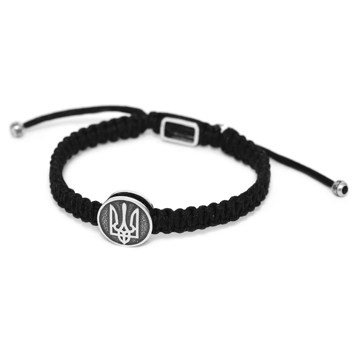Bracelet - Silver 925 Trident Ukraine & Black Thread Тризуб України Браслет